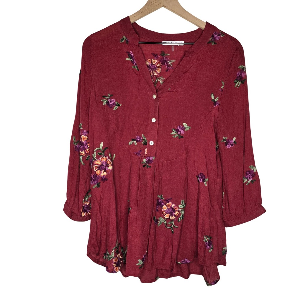 Figueroa & Flower Floral Embroidered Tunic Women L Burgundy Rayon Spandex‎ Boho